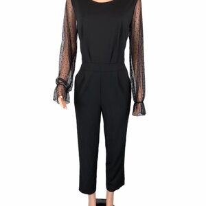 Du Jour Black Jumpsuit with Sheer Polka Dot Sleeves